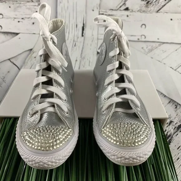 Converse Silver Bedazzled Girl’s Converse High Tops Leather Shoes Size Youth 13 - Picture 2 of 8